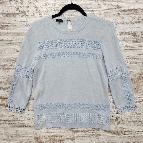 Talbots Crotchet Sweater Size S Eyelet Knit Overlay 3/4 Sleeve Dusty Blue - Picture 1 of 9